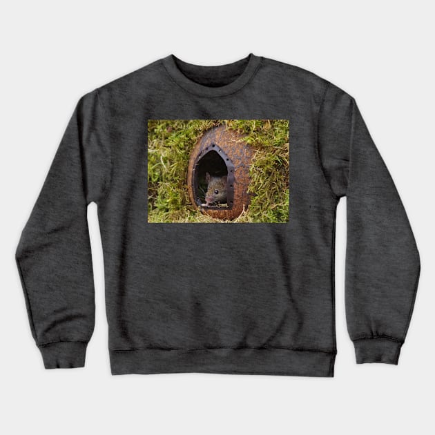 George the mouse in a log pile house - at the door Crewneck Sweatshirt by Simon-dell